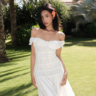 gusty法式 浪漫V领露肩打揽茶歇裙长裙清纯初恋感白裙子度假连衣裙