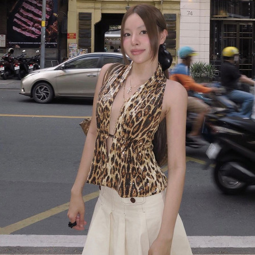 gusty豹纹亮片吊带辣妹上衣潮