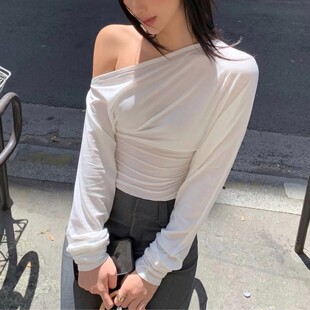 gusty街拍辣妹斜肩收腰长袖 纯欲chic御姐通勤T恤潮 上衣女2025秋季
