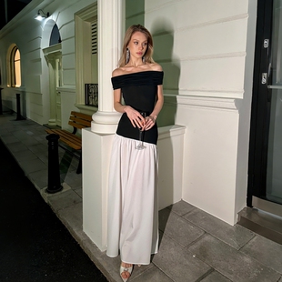 gusty法式 连衣裙名媛风礼服长裙女 气质御姐风一字肩黑白撞色修身