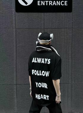 WIDE VIBES自主高领纯棉高克重字母后背印花黑白T恤男女同款短袖