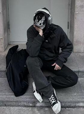 WIDE VIBES秋冬美式高街阴阳拼接涂层刷蜡vibe修身直筒厚牛仔蜡裤