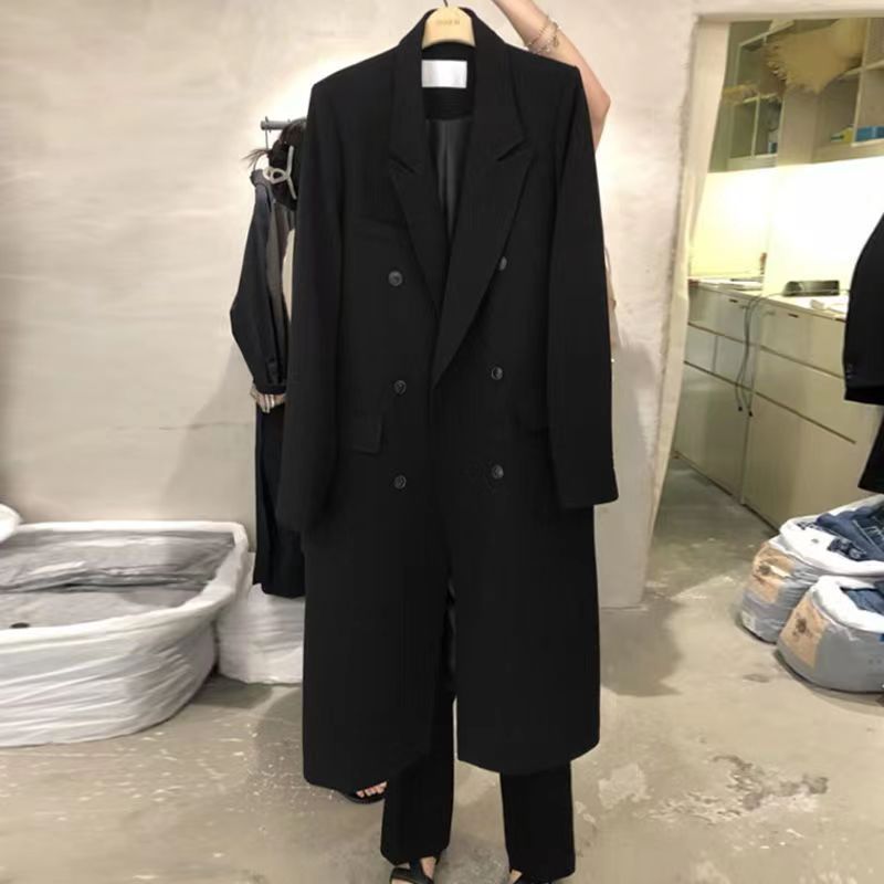 长款西装外套女春秋季韩版网红宽松双排扣风衣感休闲西服大衣