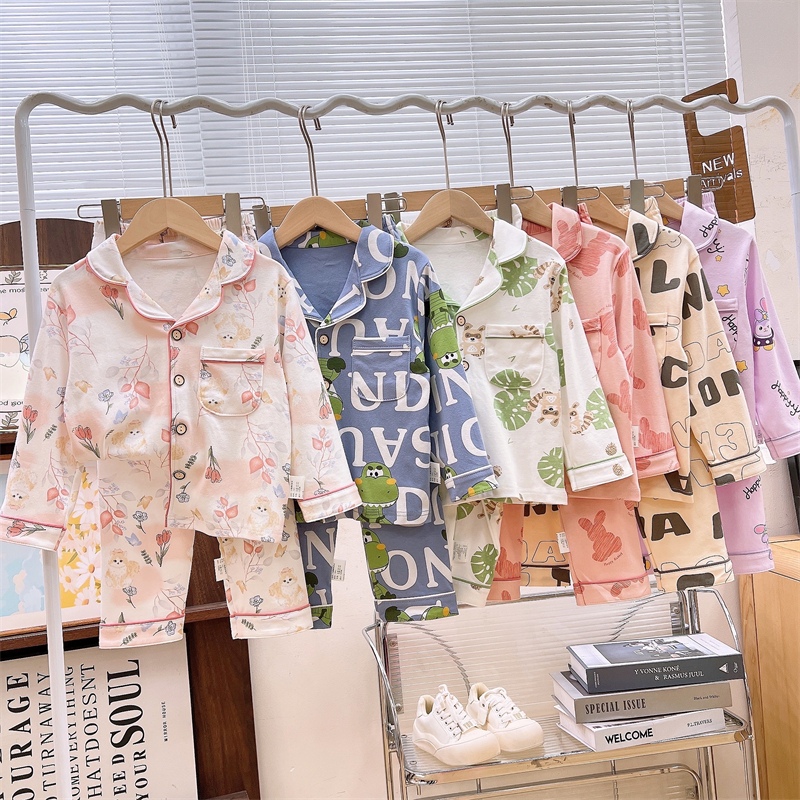 儿童翻领睡衣全棉秋冬新款男童女童开衫家居服中大童宽松休闲套装