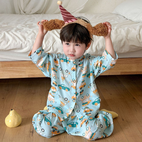 棉绸儿童睡衣a类宝宝绵绸套装男女童家居空调服薄款小孩衣服夏天2