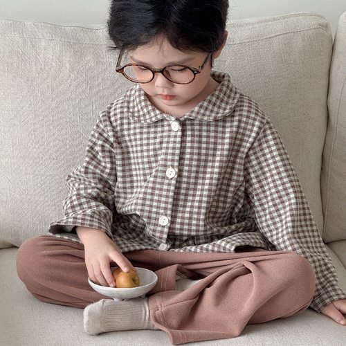 儿童德绒套装开襟中大童睡衣睡裤秋男女童家居服小格子宝宝两件套