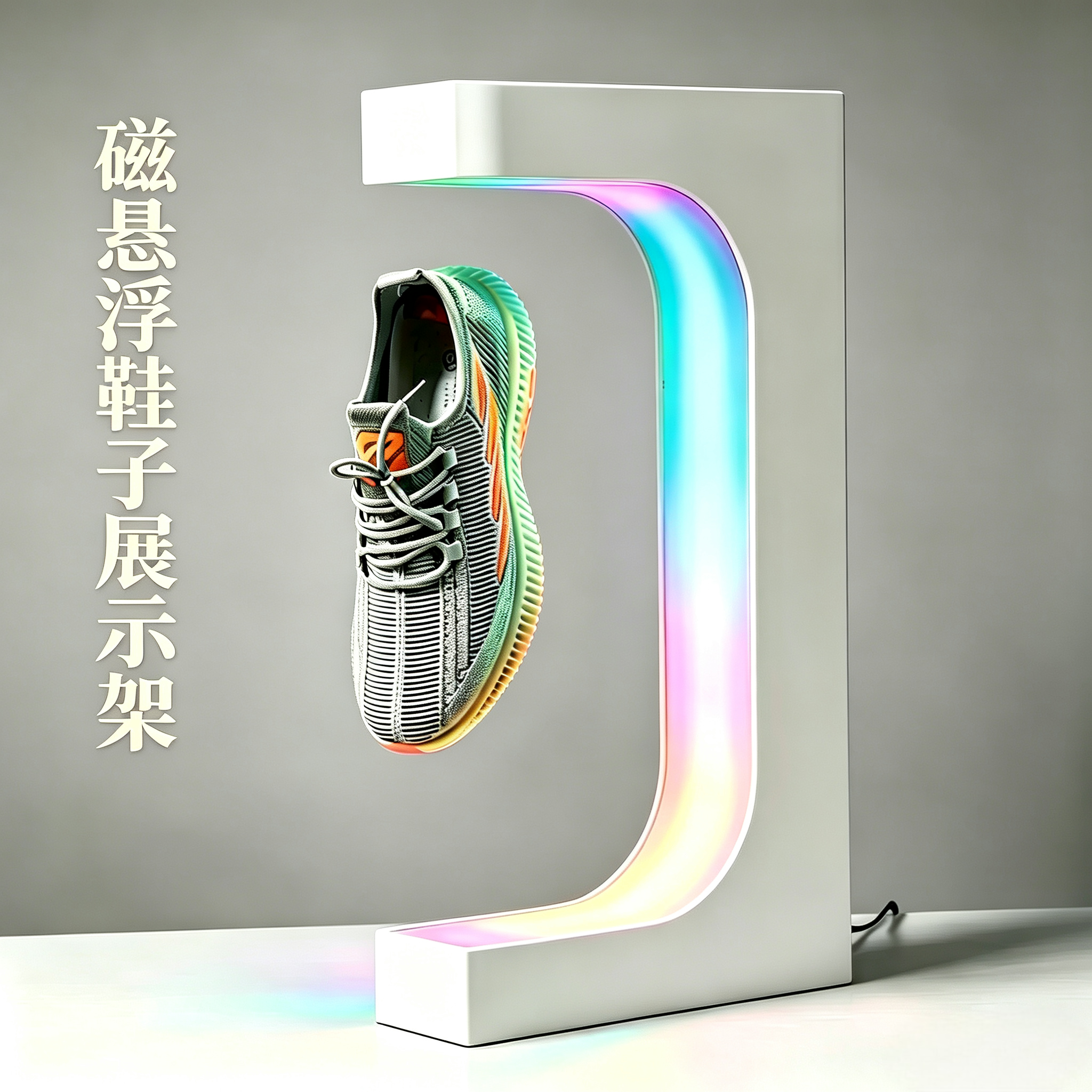 跨境鞋子展示架鞋店饰品展会广告亚克力展架磁悬浮旋转发光展示台