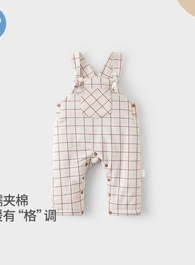 考拉鼻鼻裤子婴儿秋冬宝宝背带裤加厚保暖棉裤婴幼儿长裤焦糖格子