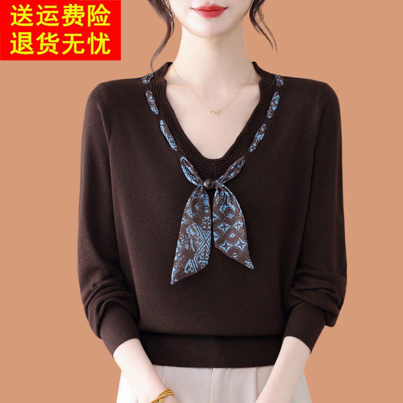 飘带v领毛衣女春秋2026新款洋气质妈妈装宽松可外穿羊毛打底上衣