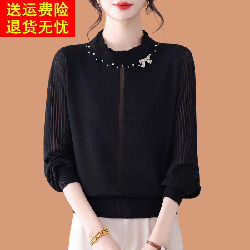 半高领毛衣女春秋2026新款洋气妈妈装钉珠薄款蕾丝纱袖羊毛打底衫