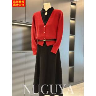 时尚中国风妈妈装针织连衣裙套装女冬季新款气质中长款裙子两件套