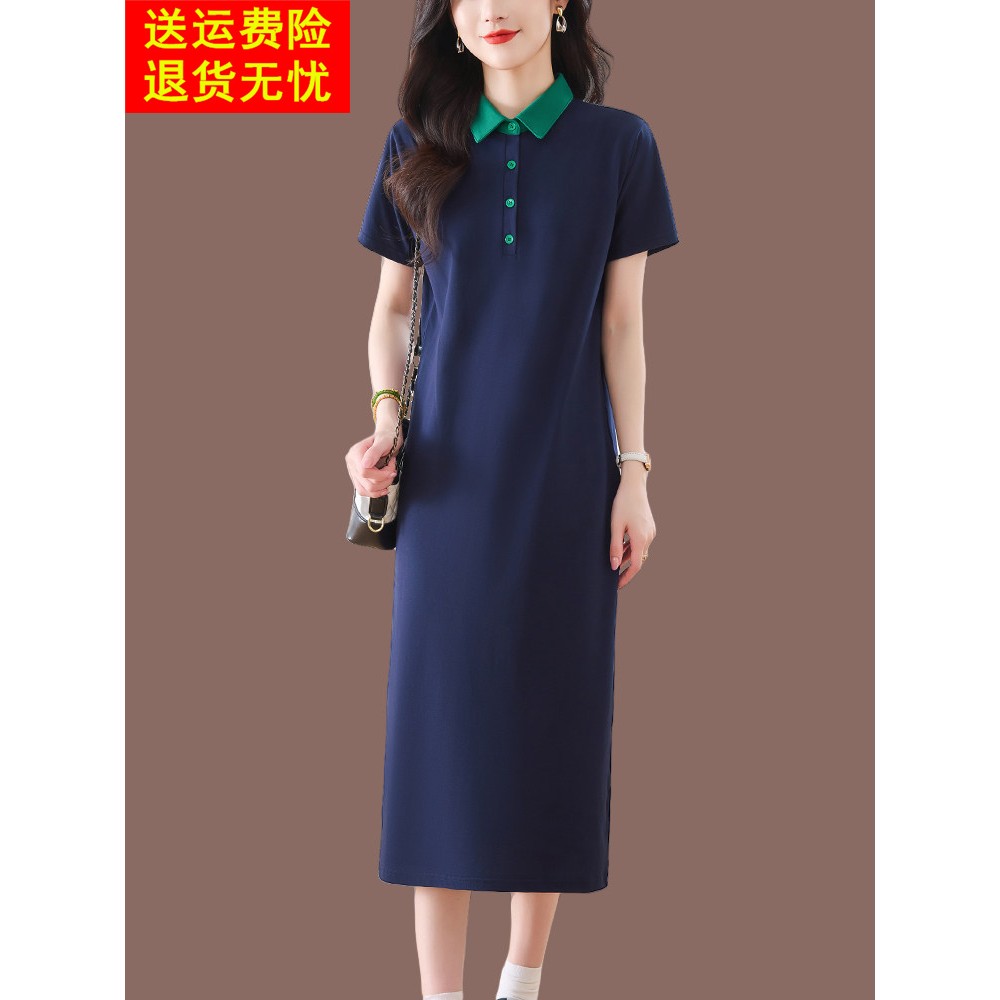 Polo领纯棉针织连衣裙女宽松短袖t恤2025新款夏季长款过膝棉裙子