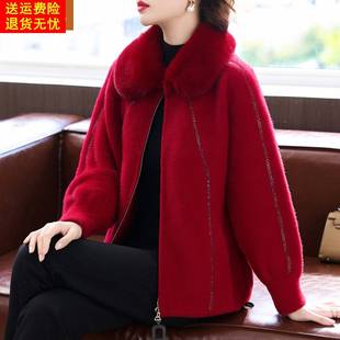 妈妈洋气本命年红色外套中年女装秋冬装中老年带毛领水貂绒上衣服