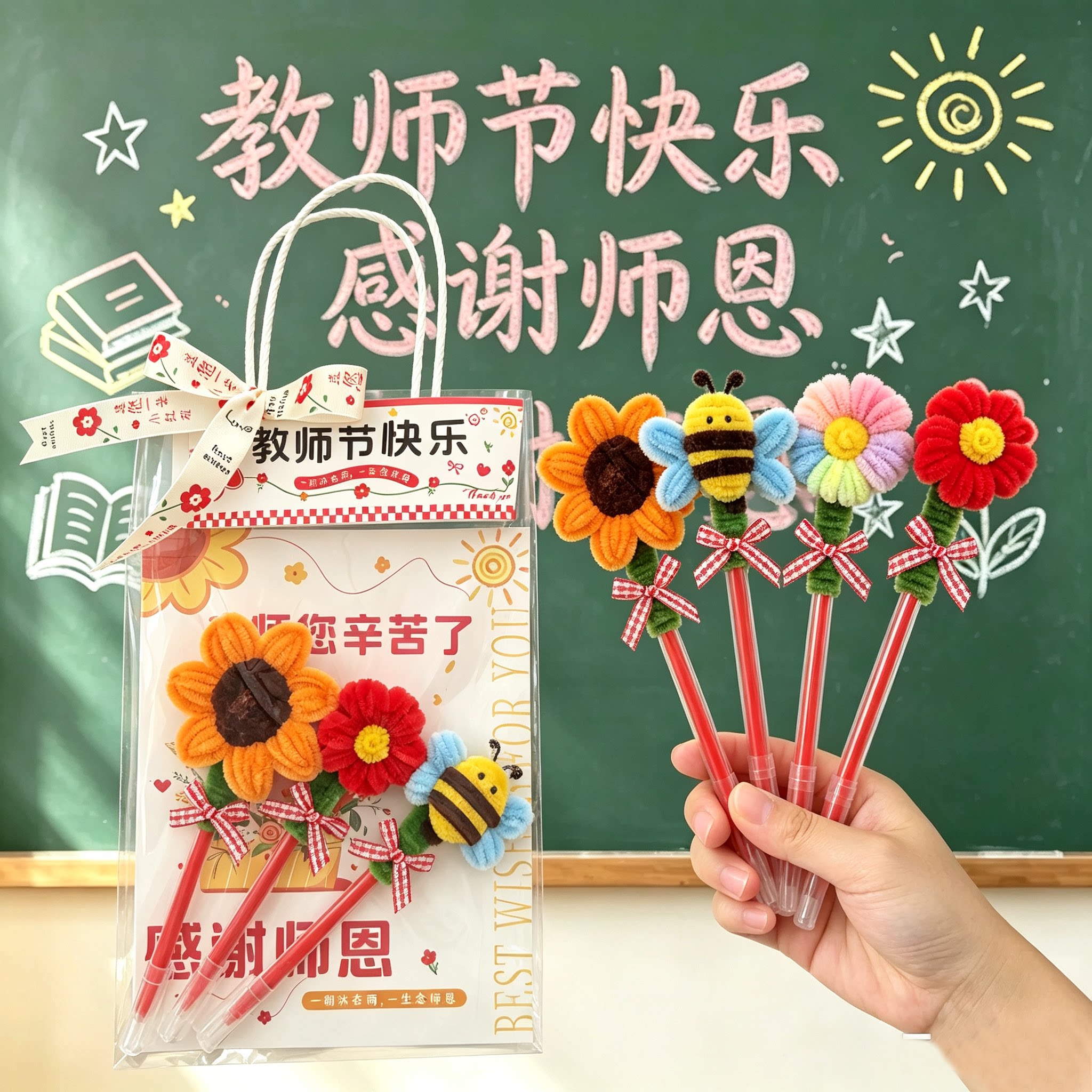 教师节礼物扭扭棒小红花红笔花束成品学生开学送老师实用小礼物
