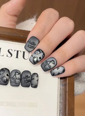 纯手工磨砂黑色kitty印花猫眼高级显白短款通勤少女心可爱穿戴甲