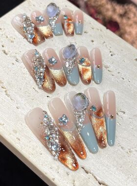 冰蓝琥珀纯手工穿戴甲焦糖琥珀爆闪猫眼轻奢满钻高级感显白手工甲