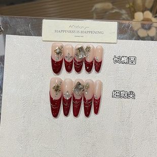 纯手工绯红法式 银边线条堆钻轻奢细狗穿戴甲 氛围感显白酒红色法式