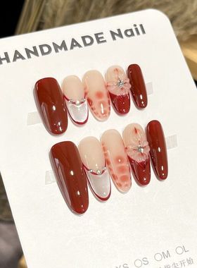 新年战甲红色高跟鞋纯手工穿戴甲酒红法式鳄鱼皮纹路猫眼雕花甲片