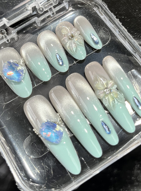 薄荷椰奶纯手工光疗穿戴甲新款夏日多巴胺薄荷绿雕花穿戴甲美甲贴