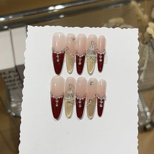 纯手工蔷薇少女冬日氛围感酒红色法式 圣诞树形拼钻显白细狗穿戴甲