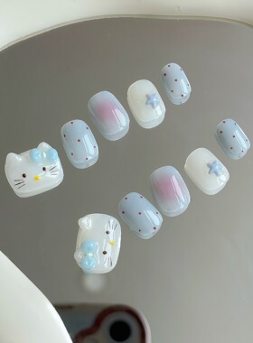 纯手工天蓝立体kitty耳朵猫咪可爱浅蓝色马卡龙多巴胺手绘穿戴甲