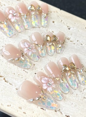 万花筒纯手工穿戴甲冰透幻彩亮片法式雕花夏日新款显白美甲贴片