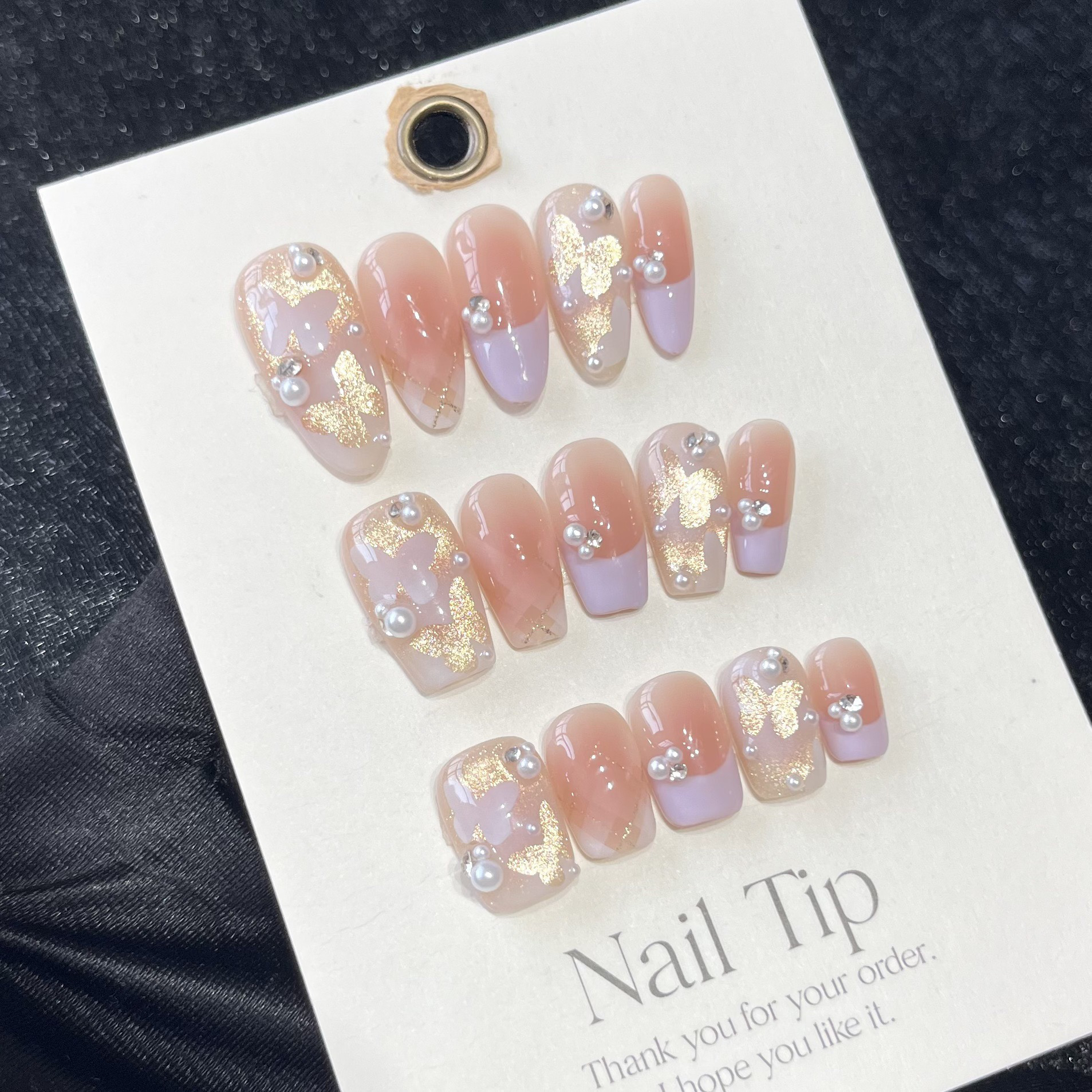 香芋紫蝴蝶纯手工光疗穿戴甲镂空蝴蝶美甲高级气质显白法式穿戴甲