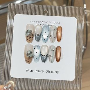 纯手工桃汽蓝调清冷蓝棕玻璃珠波点猫眼格纹碎钻日常窄椭圆穿戴甲