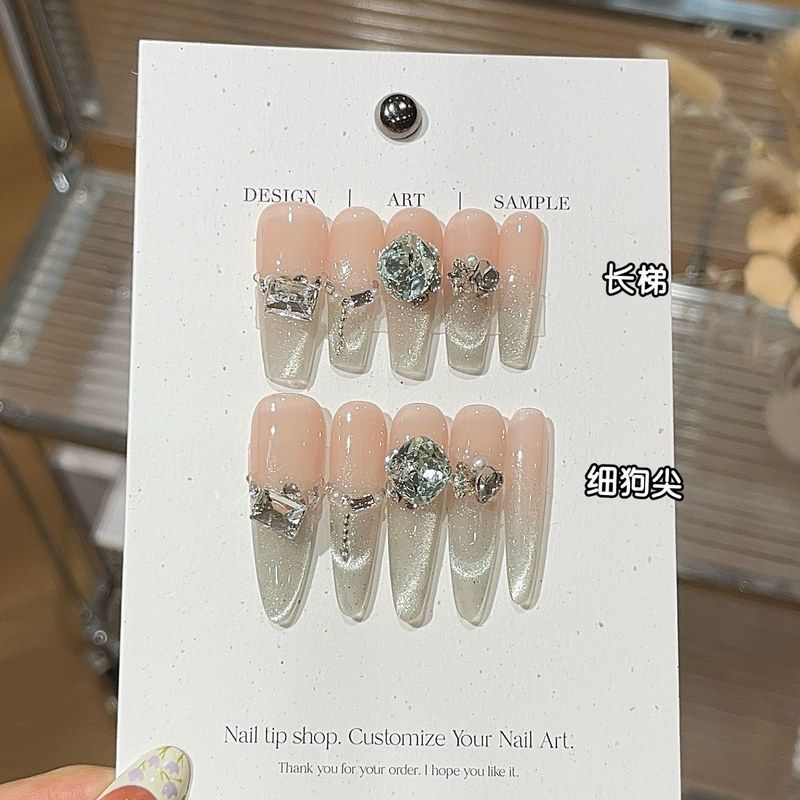 纯欲空灵清冷流光溪流清冷氛围感爆闪清透绿微笑猫眼K9堆钻穿戴甲