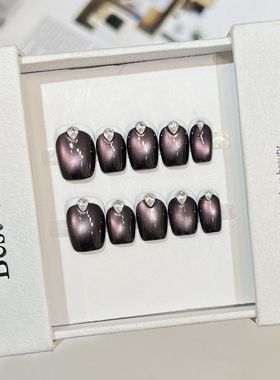 纯手工巧豆可爱ins穿戴甲白色反法式锆石浅紫晶玻璃珠猫眼美甲