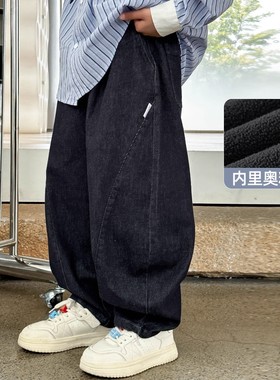 实体店儿童装波拉冬季款bora水洗防褪色男童加绒牛仔裤长裤弯刀裤