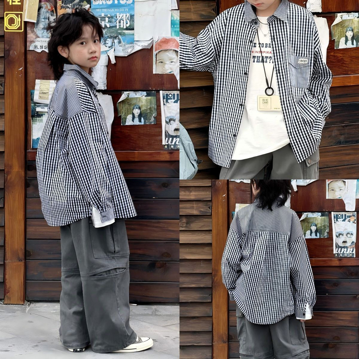 波拉实体店儿童装春季新品5中小童男童黑白格宽松韩版潮童衬衫