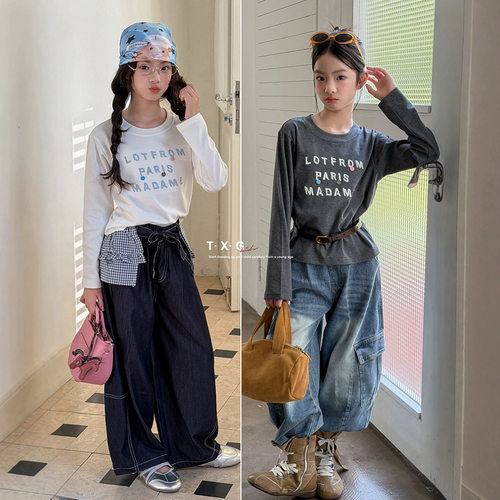 波拉bora童装秋季女童小女孩英文T恤时尚百搭打底衫+牛仔裤套装