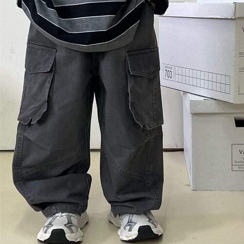 波拉bora儿童装秋季纯棉工装裤潮牌复古炒色刺绣男生女孩休闲长裤