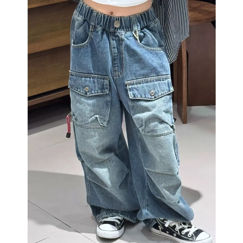 波拉bora秋季男生女孩牛仔裤中大儿童装青少年潮搭休闲工装长裤子