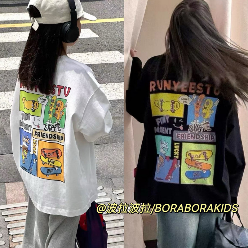 现货特价实体店儿童装波拉秋男孩女生小中大涂鸦街舞上衣长袖T恤