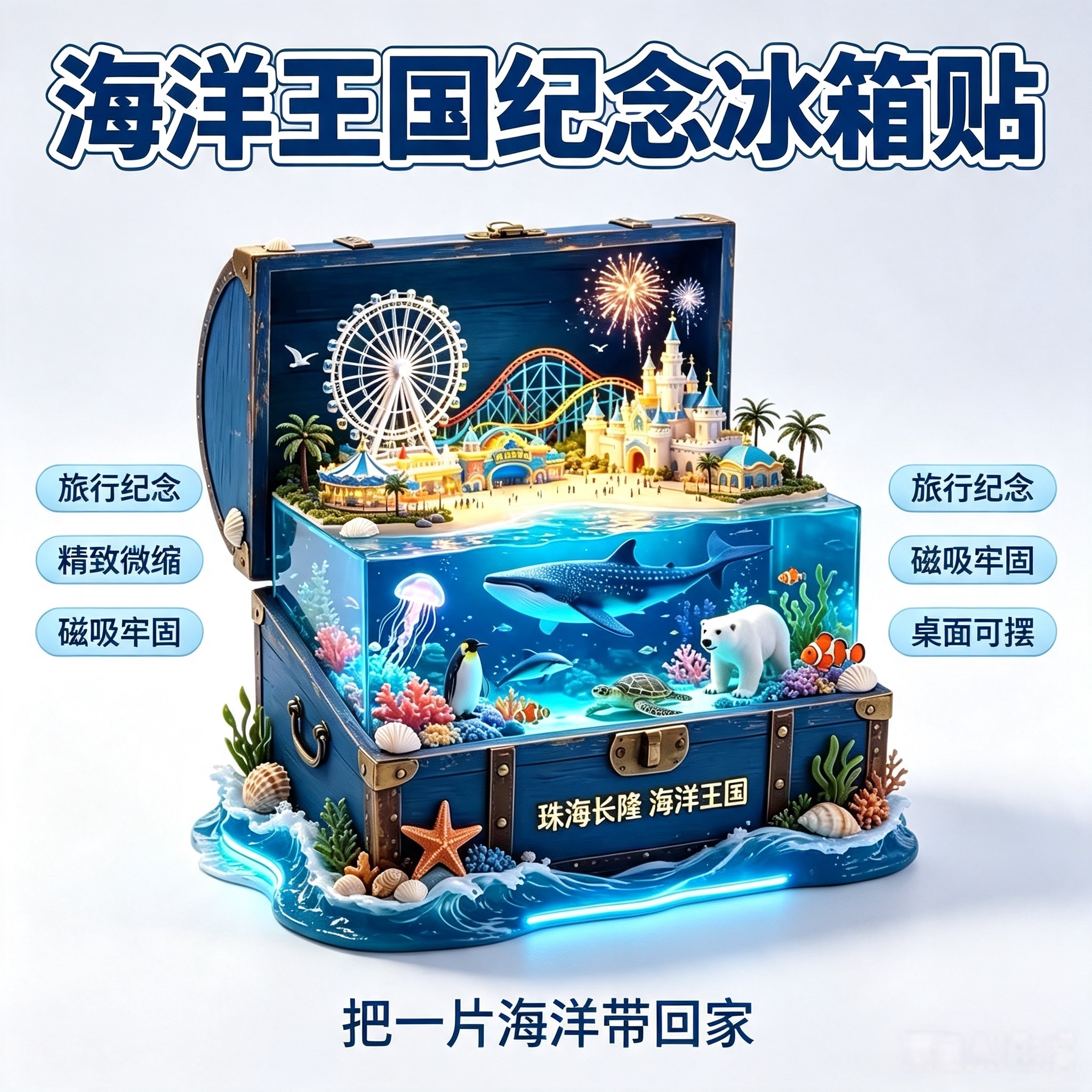 珠海长隆海洋王国宝箱冰箱贴海洋动物文创纪念品旅游打卡伴手礼