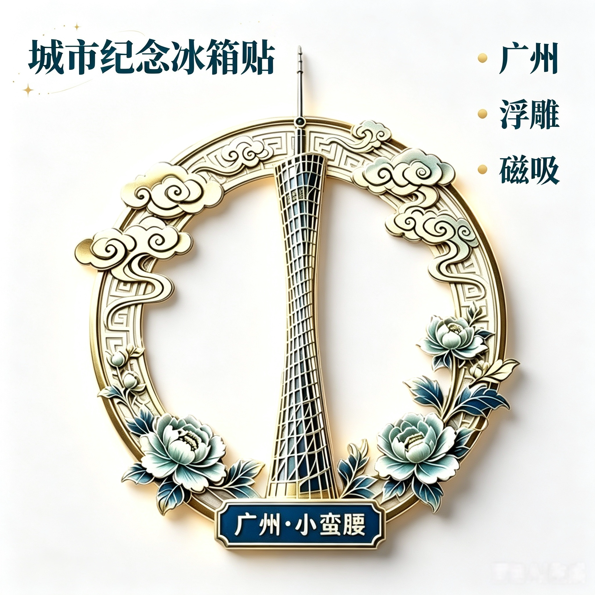 广州塔文创冰箱贴 3D浮雕立体牡丹祥云圆环磁力贴广州旅游伴手礼