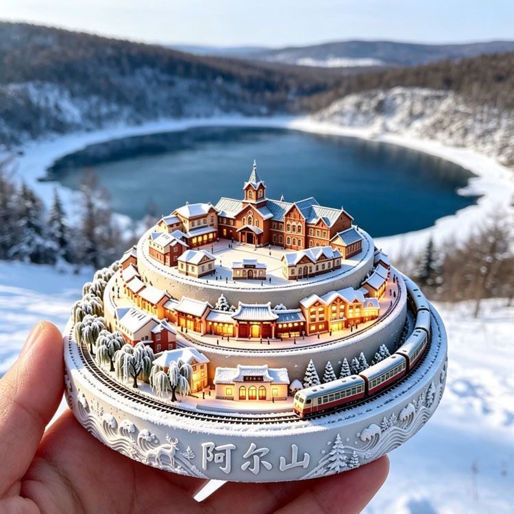 阿尔山冰箱贴3D立体金属浮雕雪景小镇火车站文创旅行伴手礼送朋友