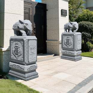 石雕门墩抱鼓石小象一对青石仿古新中式酒店别墅门口摆件石墩石鼓