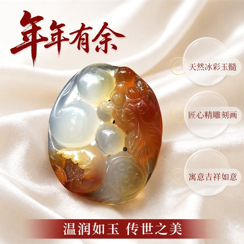 正品冰彩玉髓挂件雕刻年年有余红水晶洞金鱼项坠天然女式吊坠饰品