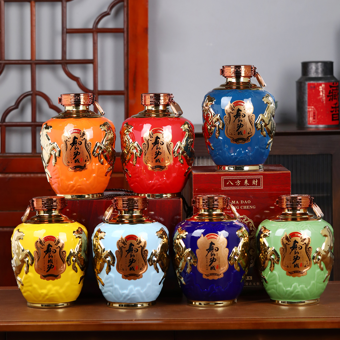 景德镇浮雕陶瓷马到成功泡酒坛空酒瓶5斤装散装密封酒壶封坛酒罐