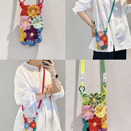 火星花朵拼接包手工编织diy材料包毛线钩针小碎花手机包送闺蜜礼