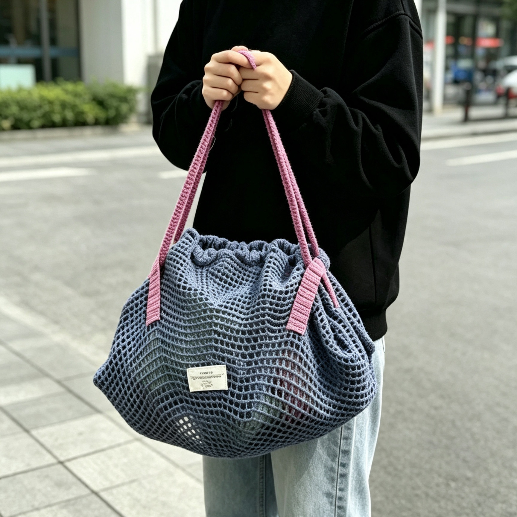 文艺网格编织手提托特包材料包
