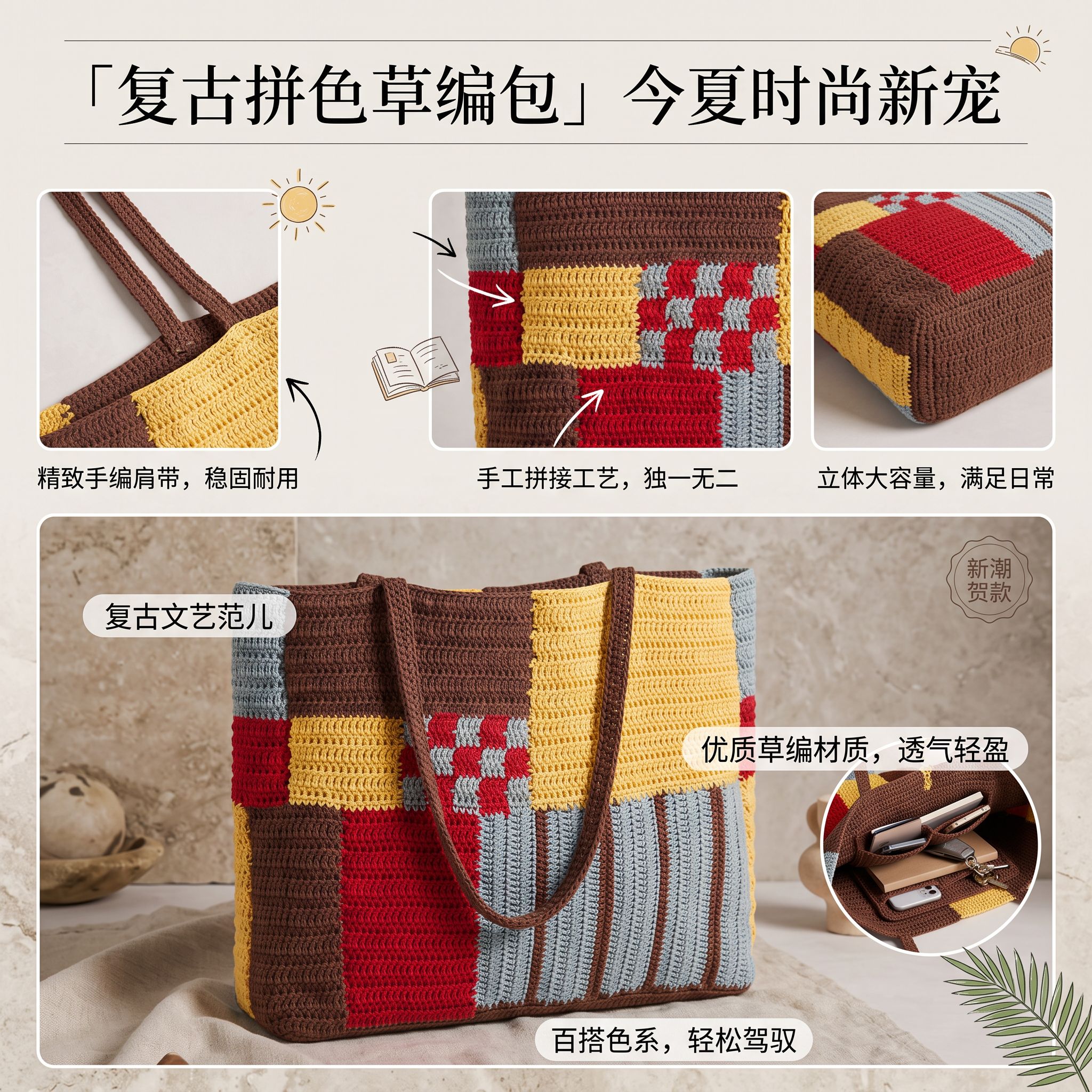 复古拼色草编大容量托特包DIY
