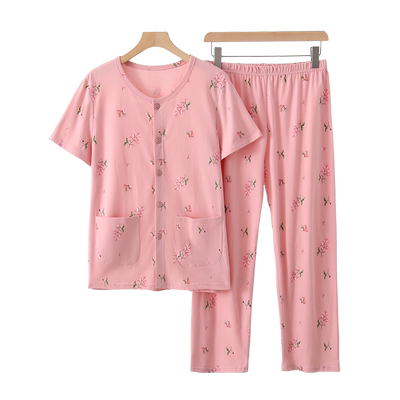 雅鹿中老年女士纯棉开衫睡衣套装