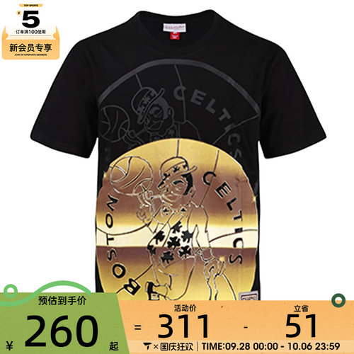 Mitchell&ness复古bigface4.0黑金波士顿凯尔特人队运动T恤领短T