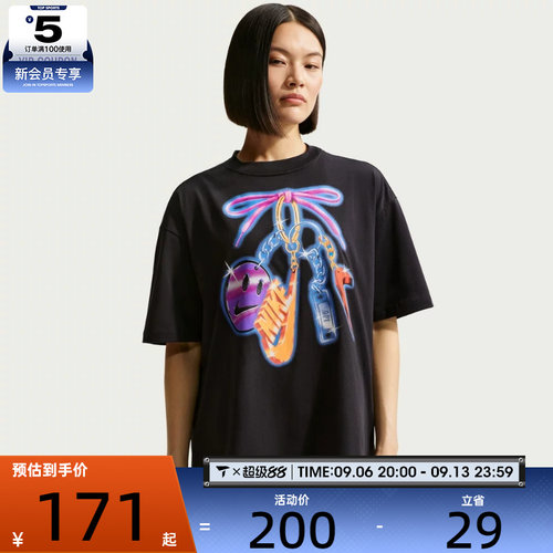 NIKE耐克女子印花透气宽松舒适圆领运动休闲短袖T恤IR7849-010