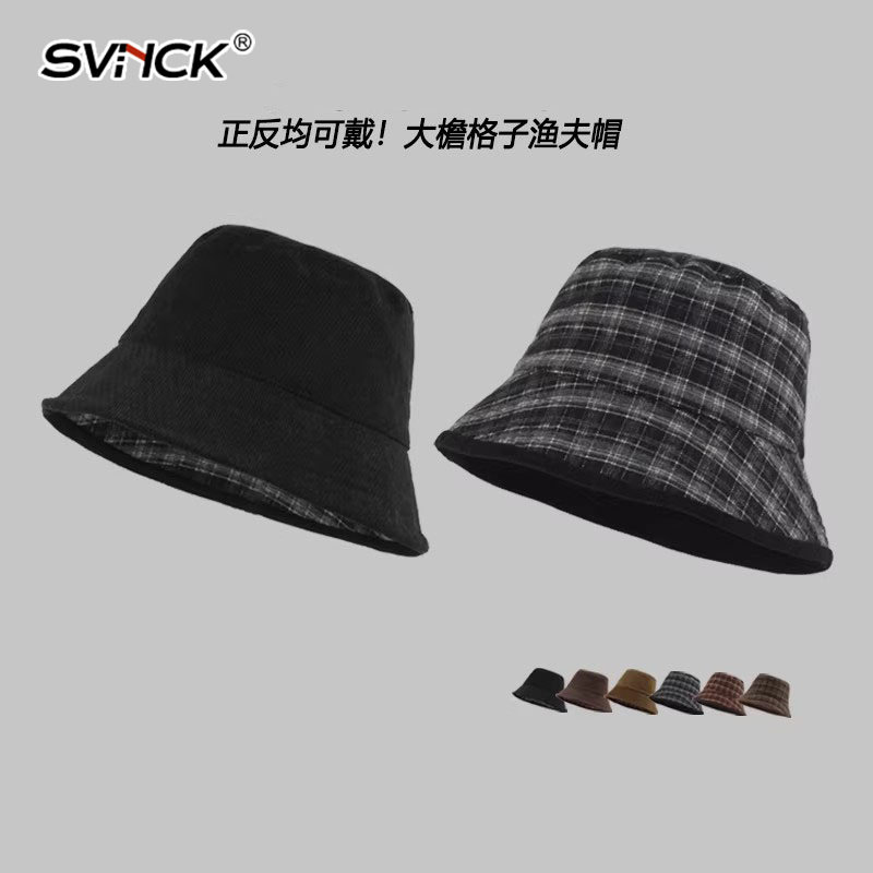 灯芯绒大檐遮脸渔夫帽女英伦格子