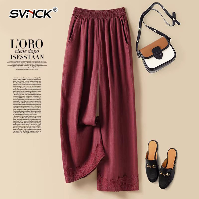 九分亚麻阔腿裤女2026夏新款酒红色蕾丝花边小众宽松慵懒风休闲裤